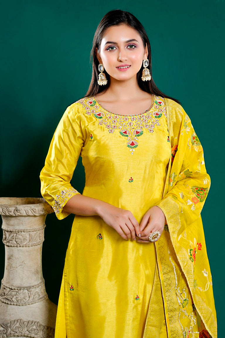 PF8040 - Mustard , Kurtis , Banarasi Ethnic Clothing Festive Collection Hand Embroidery Kurta Sets Silk