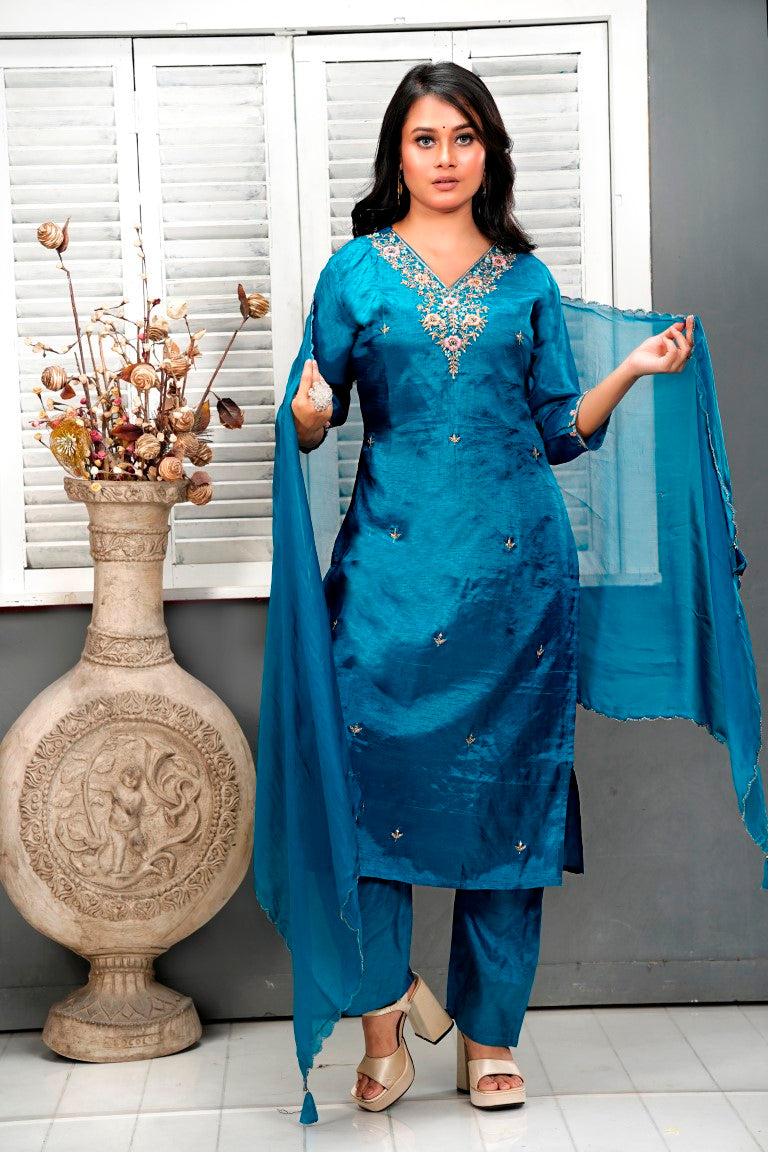 PF8053A Blue Kurtis Ethnic Clothing Festive Collection Hand Embroidery Kurta Sets Silk