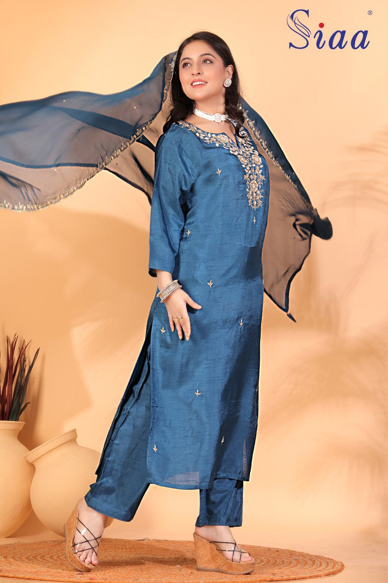 PF8077 Blue Kurtis Ethnic Clothing Hand Embroidery Kurta Sets Silk