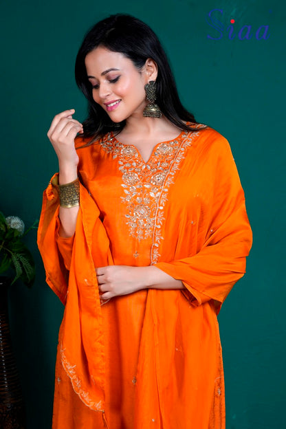 PF8077 Orange Kurtis Ethnic Clothing Hand Embroidery Kurta Sets Silk