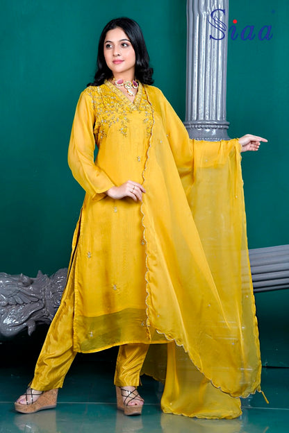 PF8097A Mustard Kurtis Ethnic Clothing Festive Collection Hand Embroidery Kurta Sets Silk