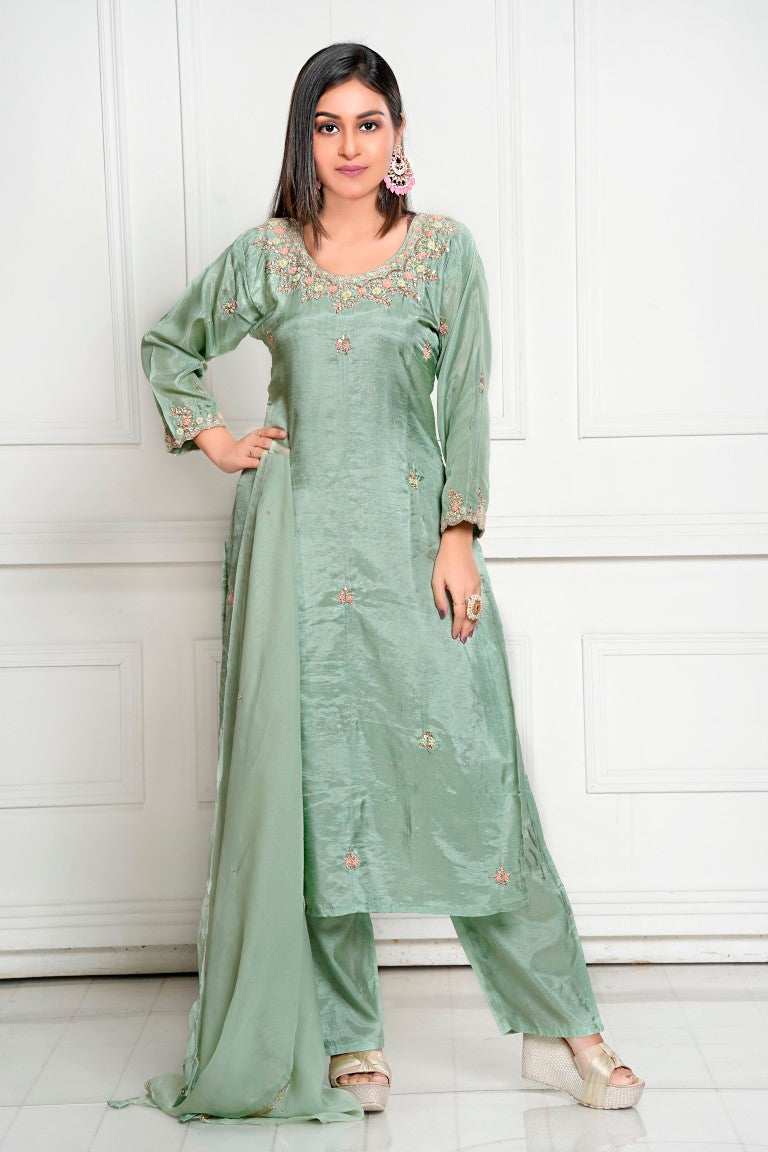 PF8106 Green Kurtis Ethnic Clothing Hand Embroidery Kurta Sets Silk