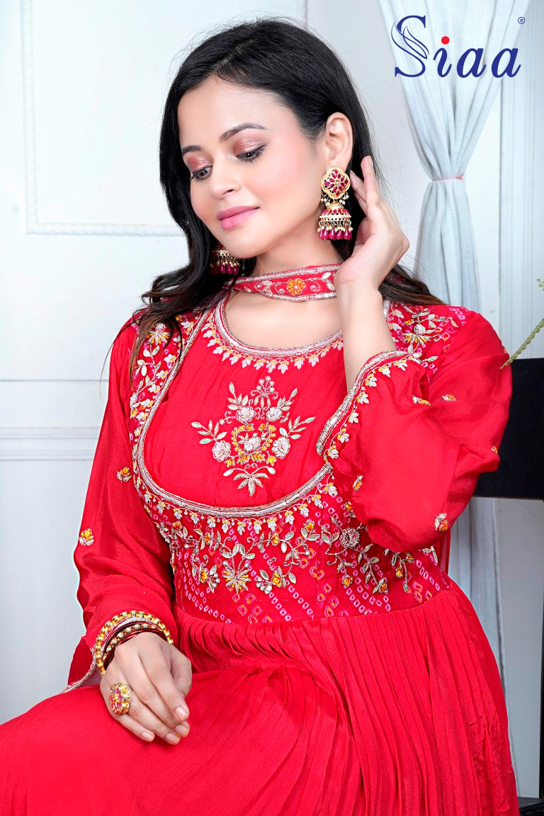 PF8107 Red Kurtis Bandhej Ethnic Clothing Georgette Gown