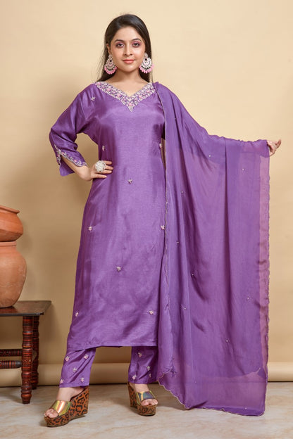 PF8130 Purple Kurtis Ethnic Clothing Hand Embroidery Kurta Sets Silk