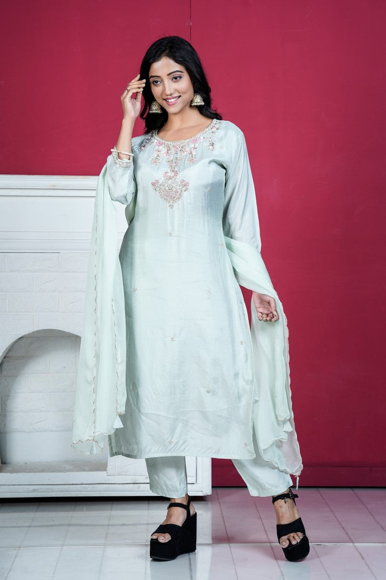 PF8133 - Sea Green , Kurtis , Ethnic Clothing Hand Embroidery Kurta Sets Silk