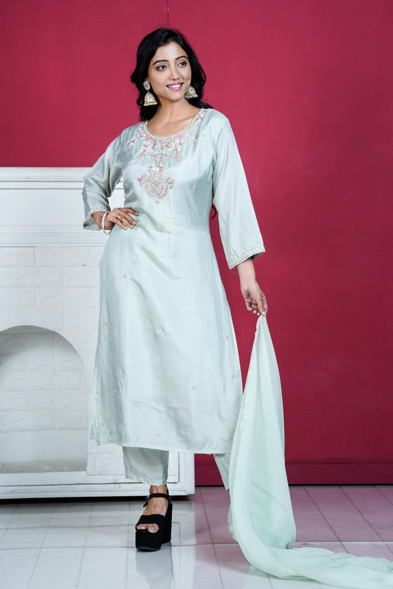 PF8133 - , Kurtis , Ethnic Clothing Hand Embroidery Kurta Sets Silk