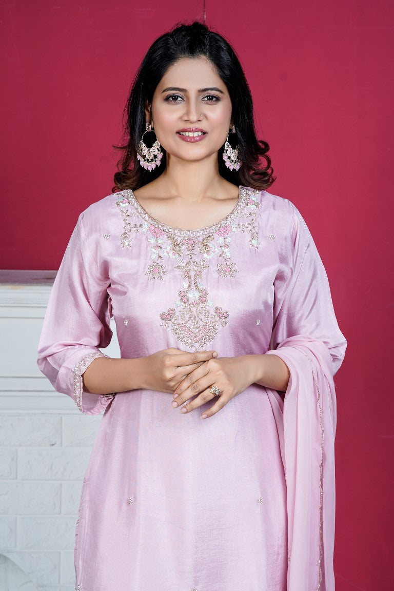 PF8133 - Lavender , Kurtis , Ethnic Clothing Hand Embroidery Kurta Sets Silk