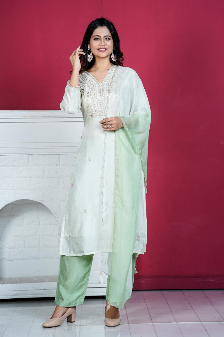 PF8134A - Sea Green , Kurtis , Ethnic Clothing Festive Collection Hand Embroidery Kurta Sets Silk