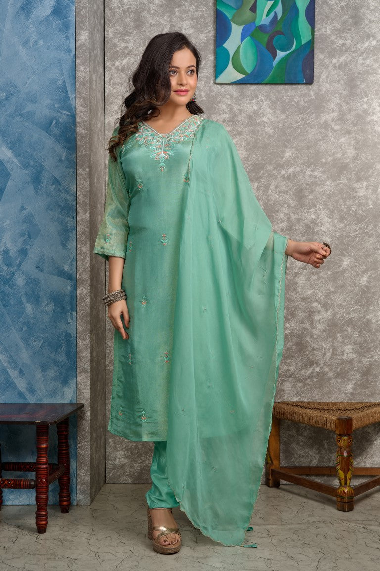 PF8145 Sea Green Kurtis Ethnic Clothing Festive Collection Hand Embroidery Kurta Sets Silk