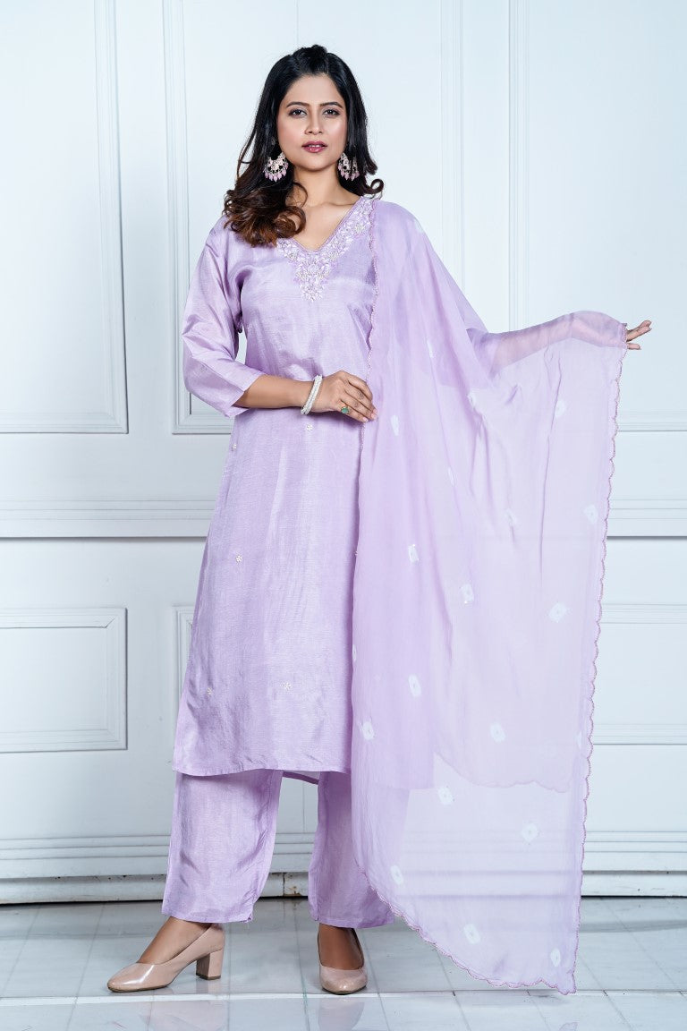 PF8154 - Mauve , Kurtis , Ethnic Clothing Hand Embroidery Kurta Sets Silk