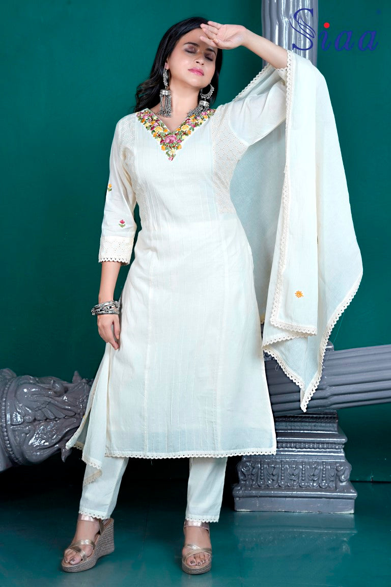 PF8176 Off White Kurtis Cotton Ethnic Clothing Hand Embroidery