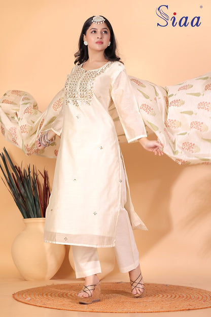 PF8212 - Off White , Kurtis , Ethnic Clothing Festive Collection Hand Embroidery Kurta Sets Silk