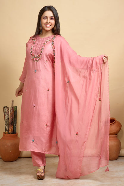 PF8224 - Peach , Kurtis , Ethnic Clothing Festive Collection Hand Embroidery Kurta Sets Silk