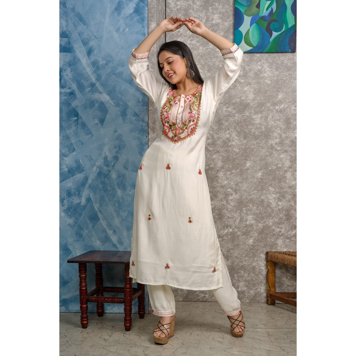 PF8227 Off White Kurtis Ethnic Clothing Festive Collection Hand Embroidery Kurta Sets Silk