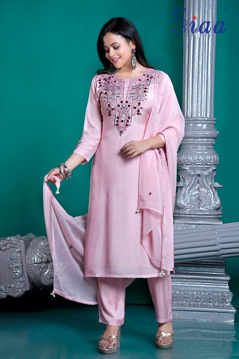 PF8230 - Peach , Kurtis , Ethnic Clothing Festive Collection Hand Embroidery Kurta Sets Silk