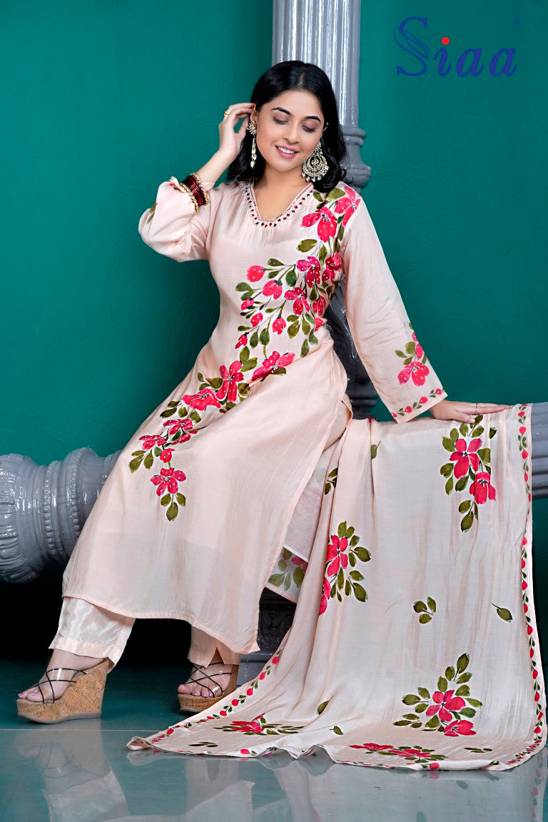 PF8234 - Beige , Kurtis , Ethnic Clothing Hand Embroidery Kurta Sets Printed Silk