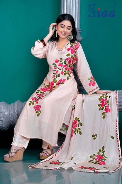 PF8234 - Beige , Kurtis , Ethnic Clothing Hand Embroidery Kurta Sets Printed Silk