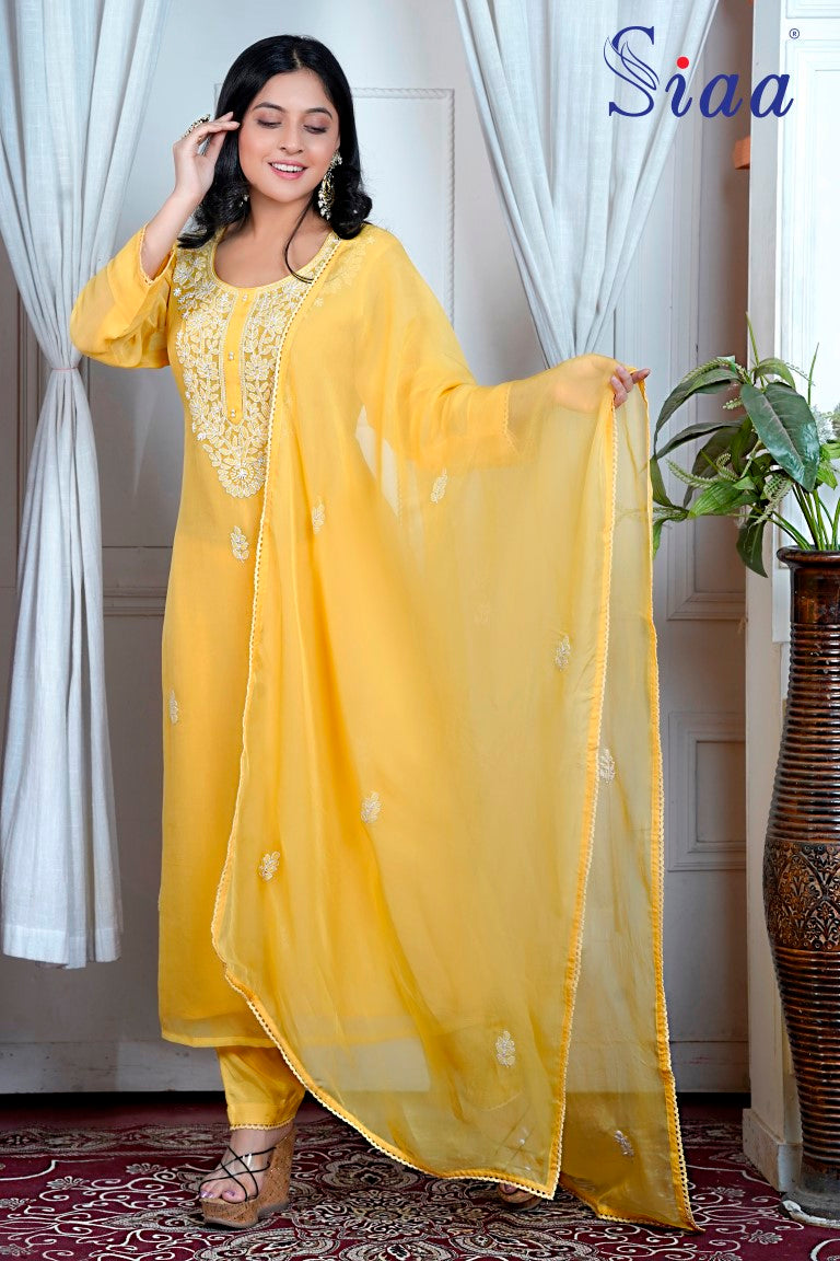 PF8238 Yellow Kurtis Ethnic Clothing Festive Collection Hand Embroidery Kurta Sets Silk