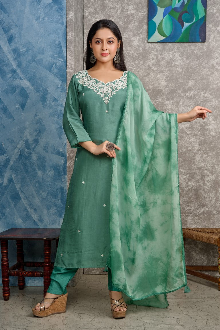 PF8244 - , Kurtis , Ethnic Clothing Hand Embroidery Kurta Sets Silk