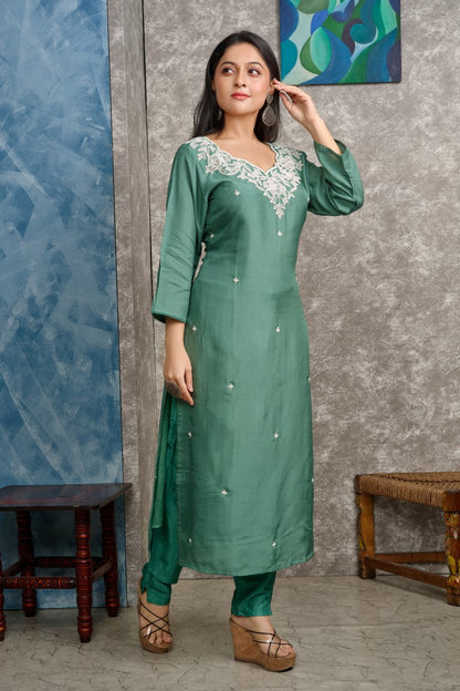 PF8244 - , Kurtis , Ethnic Clothing Hand Embroidery Kurta Sets Silk
