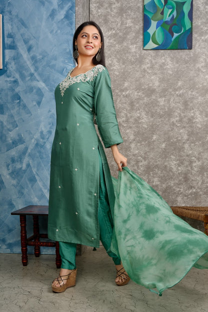 PF8244 - Green , Kurtis , Ethnic Clothing Hand Embroidery Kurta Sets Silk