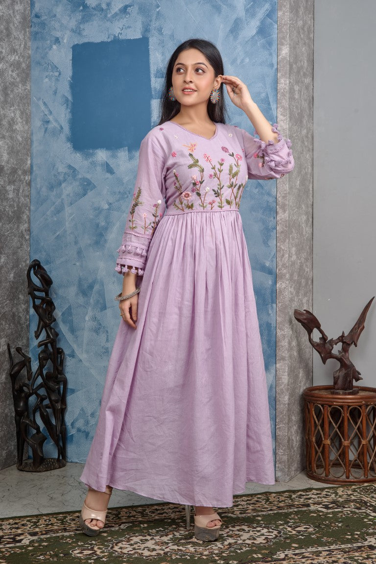 PF8254 - Mauve , Kurtis , Anarkali Cotton Ethnic Clothing Hand Embroidery Printed