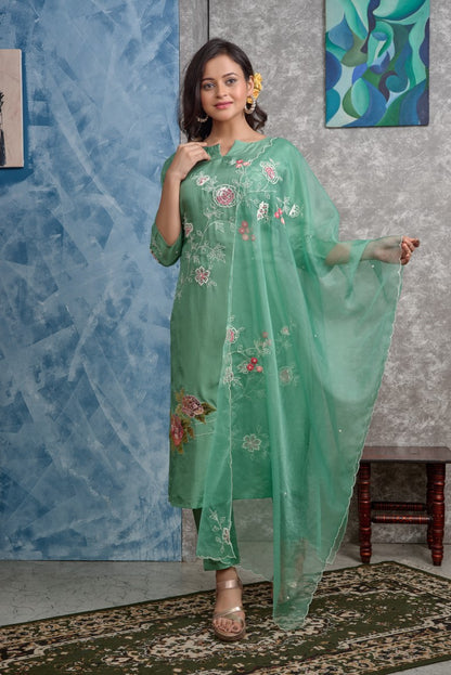 PF8258 - , Kurtis , Ethnic Clothing Hand Embroidery Kurta Sets Silk