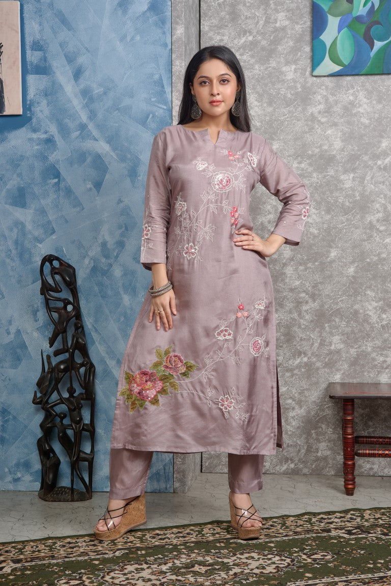 PF8258 - , Kurtis , Ethnic Clothing Hand Embroidery Kurta Sets Silk