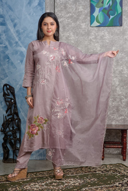 PF8258 - Grey , Kurtis , Ethnic Clothing Hand Embroidery Kurta Sets Silk