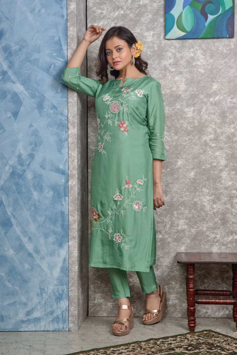 PF8258 - Green , Kurtis , Ethnic Clothing Hand Embroidery Kurta Sets Silk