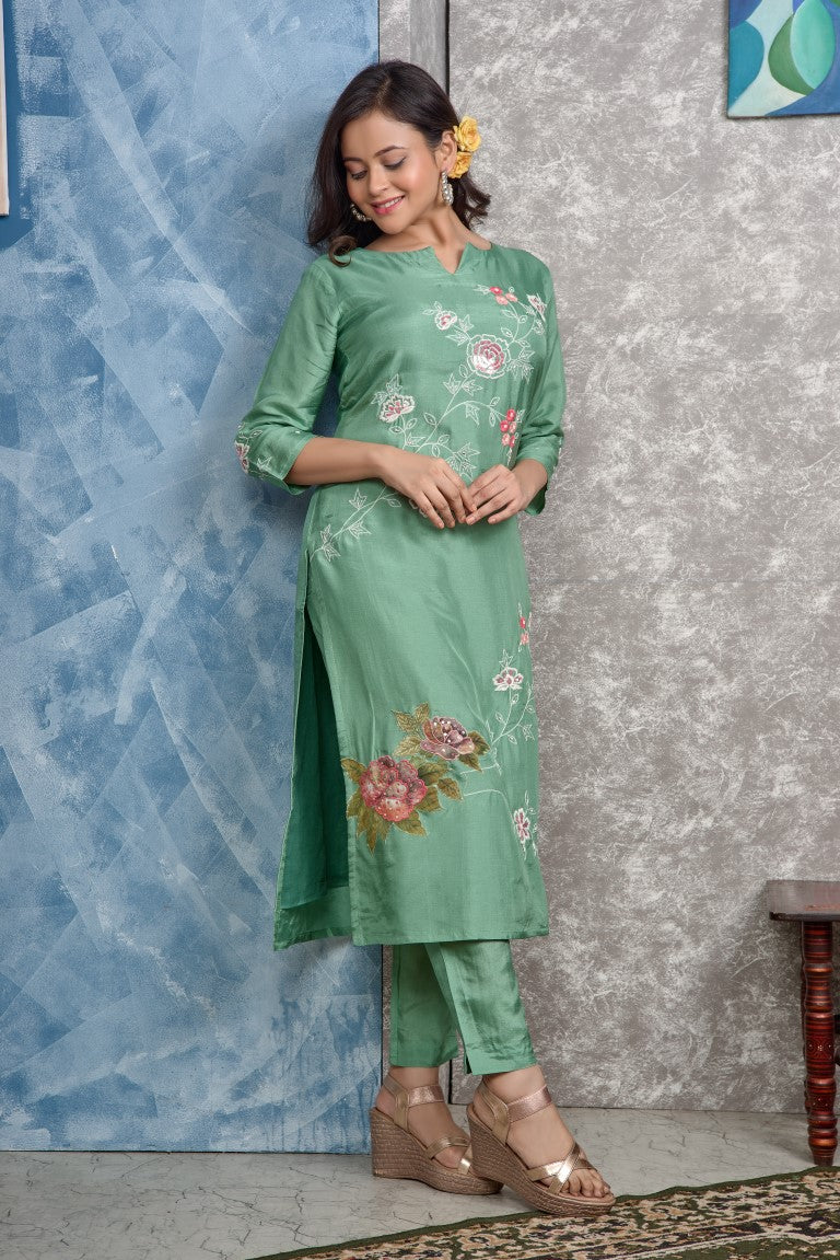 PF8258 - , Kurtis , Ethnic Clothing Hand Embroidery Kurta Sets Silk