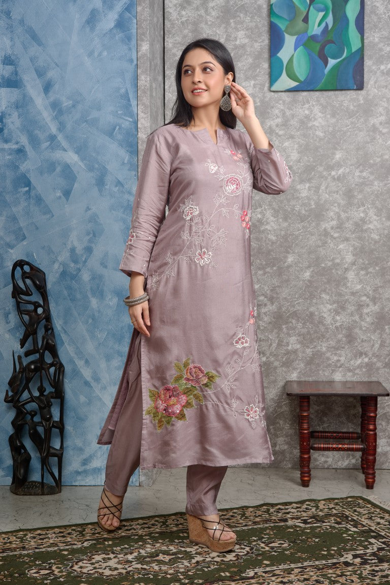 PF8258 - , Kurtis , Ethnic Clothing Hand Embroidery Kurta Sets Silk