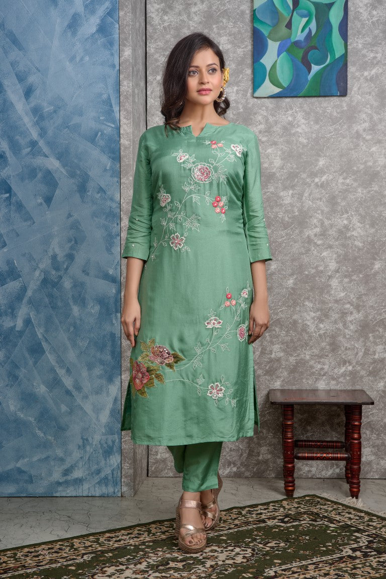 PF8258 - , Kurtis , Ethnic Clothing Hand Embroidery Kurta Sets Silk