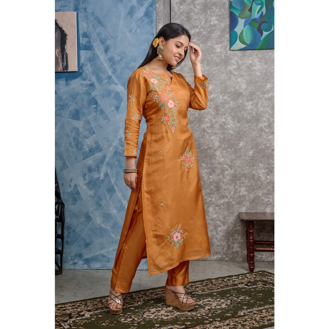 PF8259 Orange Kurtis Ethnic Clothing Hand Embroidery Kurta Sets