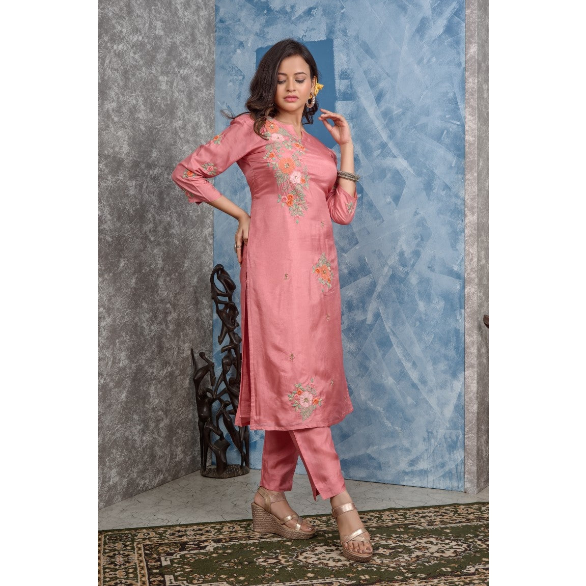 PF8259 Peach Kurtis Ethnic Clothing Hand Embroidery Kurta Sets