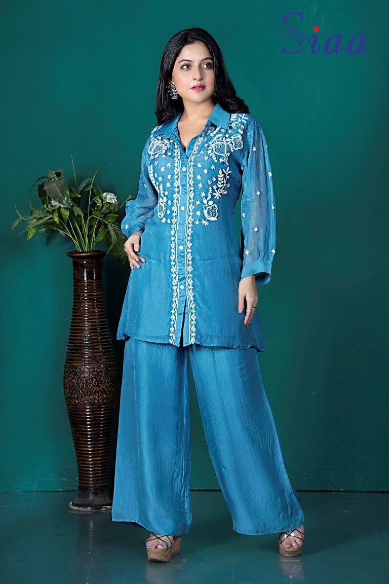 PF8265 - Sky Blue , Kurtis , Cocktail Collection Contemporary Clothing Cord Sets Indo-Western Silk