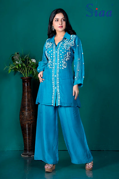 PF8265 - Sky Blue , Kurtis , Cocktail Collection Contemporary Clothing Cord Sets Indo-Western Silk