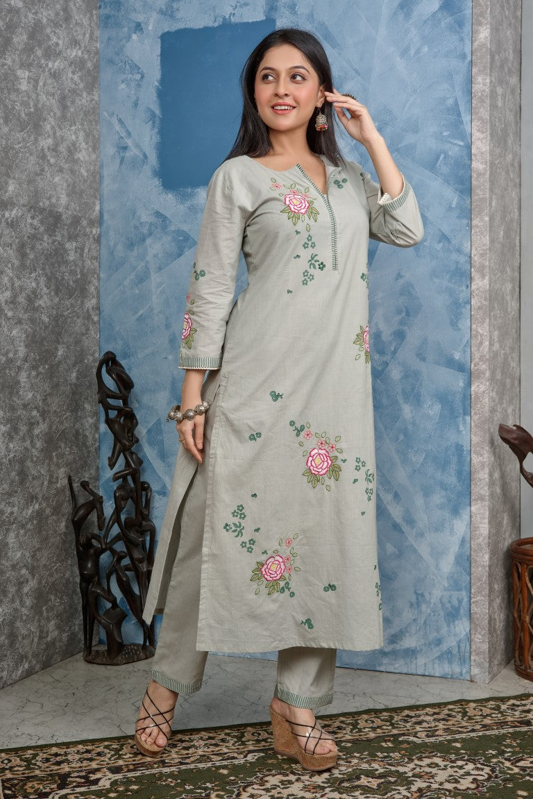 PF8272 Grey Kurtis Ethnic Clothing Hand Embroidery Kurta Sets Silk