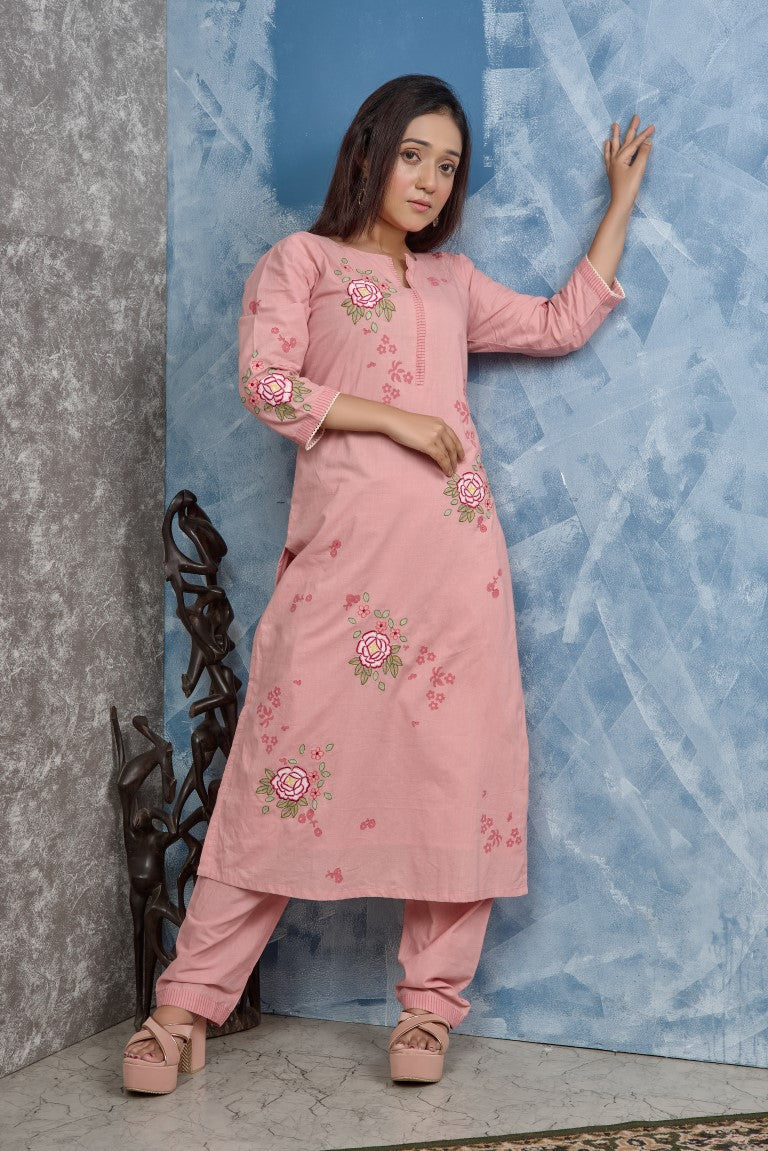 PF8272 Peach Kurtis Ethnic Clothing Hand Embroidery Kurta Sets Silk