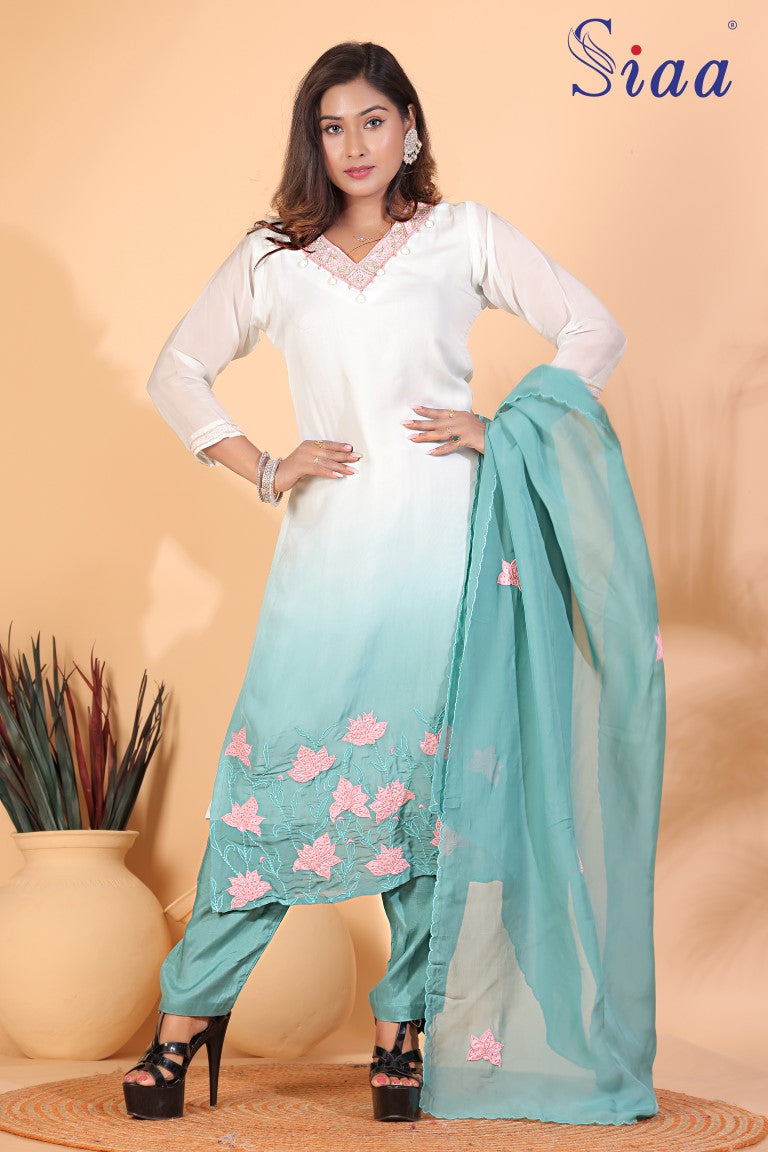 PF8273 Green Kurtis Casual Wear Ethnic Clothing Hand Embroidery Silk