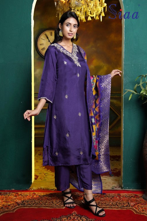 PF8276A Purple 42 Kurtis Ethnic Clothing Hand Embroidery Kurta Sets Silk