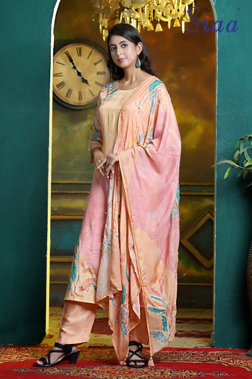 PF8277 Peach Kurtis Casual Wear Chinnon Kurta Sets Printed