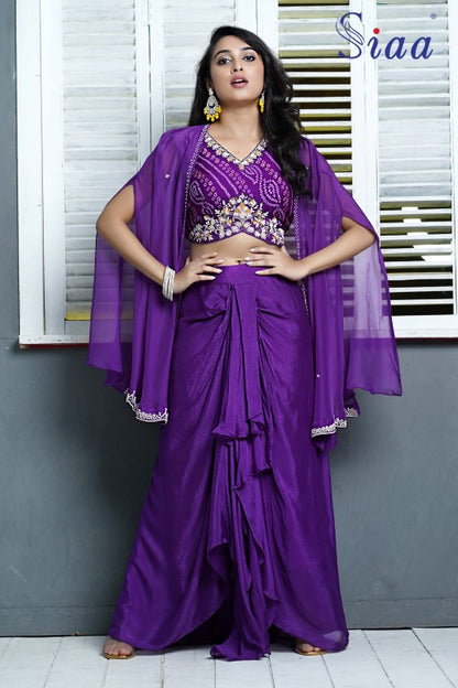 PF8280 Purple Kurtis Cocktail Collection Contemporary Clothing Cord Sets Hand Embroidery Indo-Western Silk Skirts sets