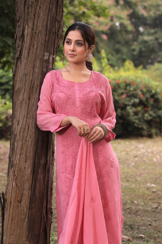 PF8333 Deep Peach Kurta Casual Wear Cotton Ethnic Clothing fresh Release Hand Embroidery Kurta Sets Lucknowi Silk Trending Collection