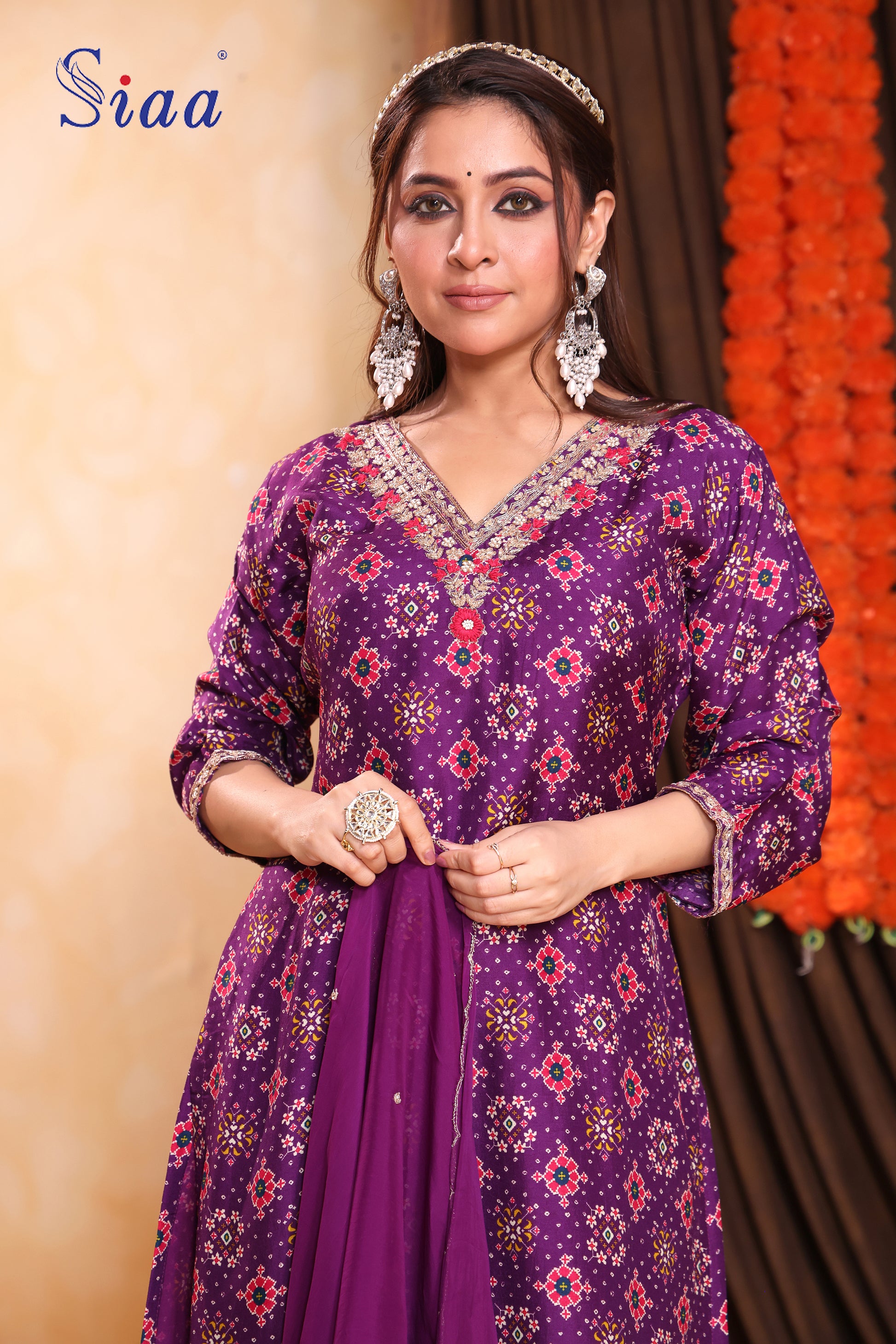 PF8351 Purple Bandhej Ethnic Clothing Festive Collection Hand Embroidery Kurta Sets Printed Silk