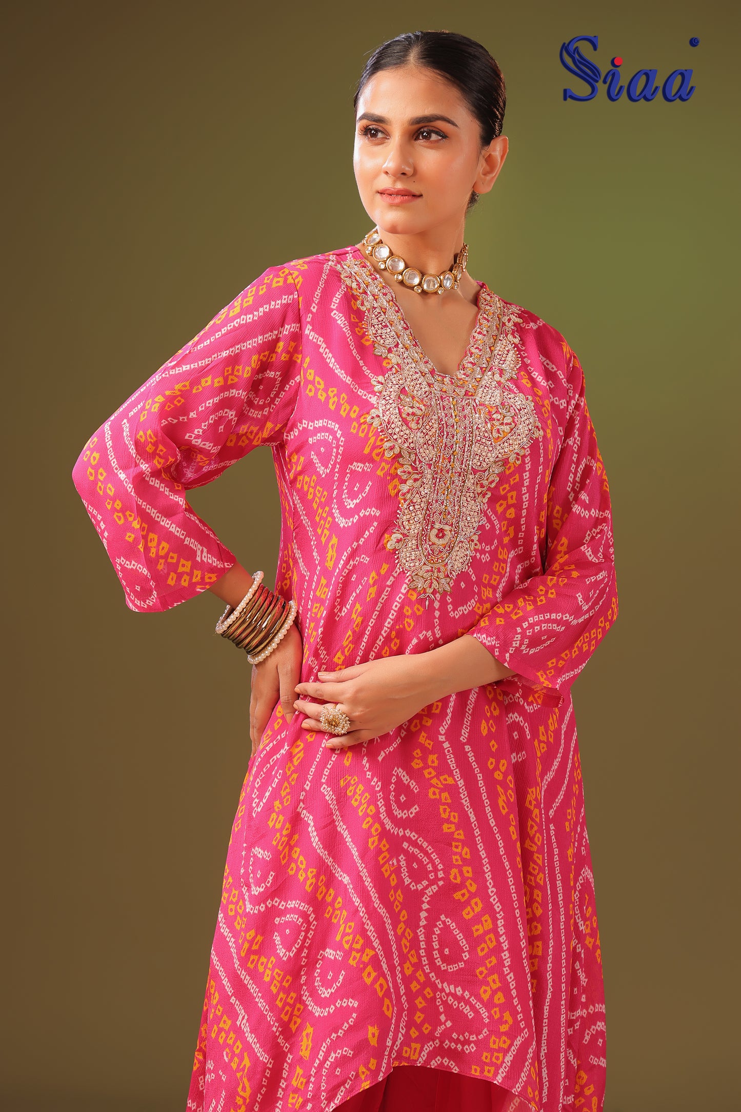 PF8381 - rani , , Bandhej Ethnic Clothing Festive Collection Hand Embroidery Kurta Sets Silk