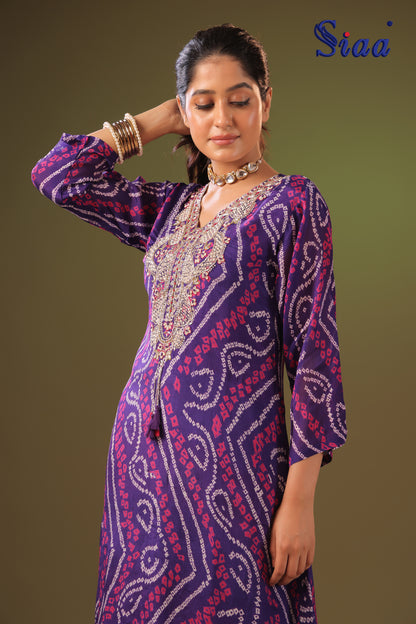 PF8381 - Purple , , Bandhej Ethnic Clothing Festive Collection Hand Embroidery Kurta Sets Silk