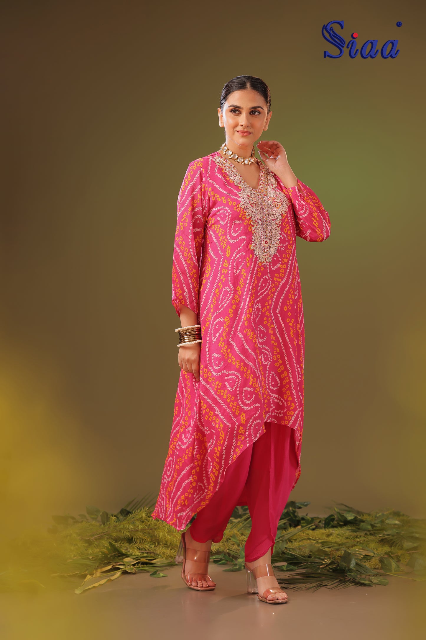 PF8381 - , , Bandhej Ethnic Clothing Festive Collection Hand Embroidery Kurta Sets Silk