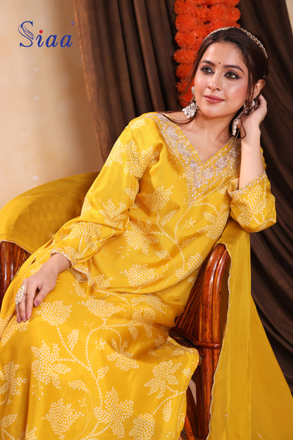 PF8397A mustard Kurta Ethnic Clothing Hand Embroidery Printed Silk