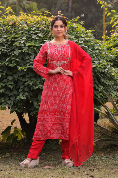 PF8400 Red Ethnic Clothing Festive Collection Hand Embroidery Kurta Sets Printed Silk